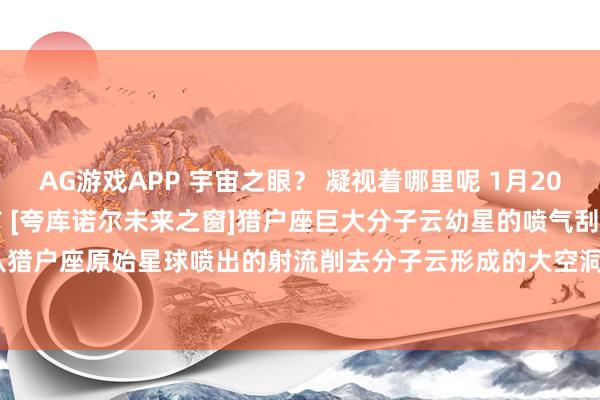 AG游戏APP 宇宙之眼？ 凝视着哪里呢 1月20日(星期二) 8:09发布 [夸库诺尔未来之窗]猎户座巨大分子云幼星的喷气刮削形成的洞 1/4 从猎户座原始星球喷出的射流削去分子云形成的大空洞。 仿佛一双大眼睛一动不动地凝视着=由美国航